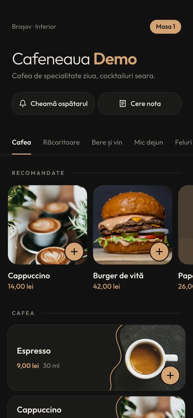 Meniul unui local deschis pe telefon, după scanarea codului QR